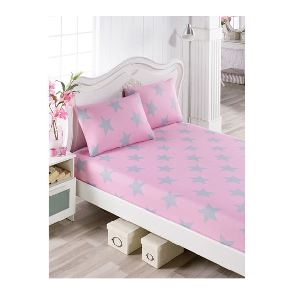 Komplet rožnate rjuhe in 2 prevleki za vzglavnik za zakonsko posteljo Stars Lusno, 160 x 200 cm