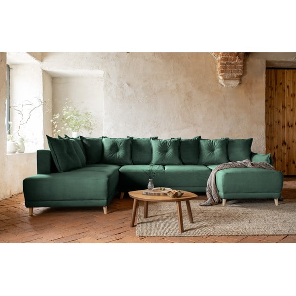 Zelena raztegljiva kotna sedežna garnitura iz rebrastega žameta (levi kot/v obliki črke "U") Lazy Lukka – Miuform-image-4