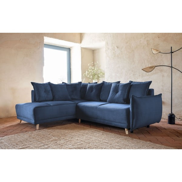 Temno modra raztegljiva kotna sedežna garnitura iz rebrastega žameta (levi kot) Lazy Lukka – Miuform-image-3