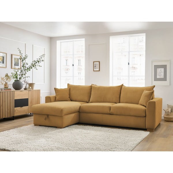 Rumena raztegljiva kotna sedežna garnitura iz rebrastega žameta (s kotom po izbiri) Augustin – Bobochic Paris-image-1