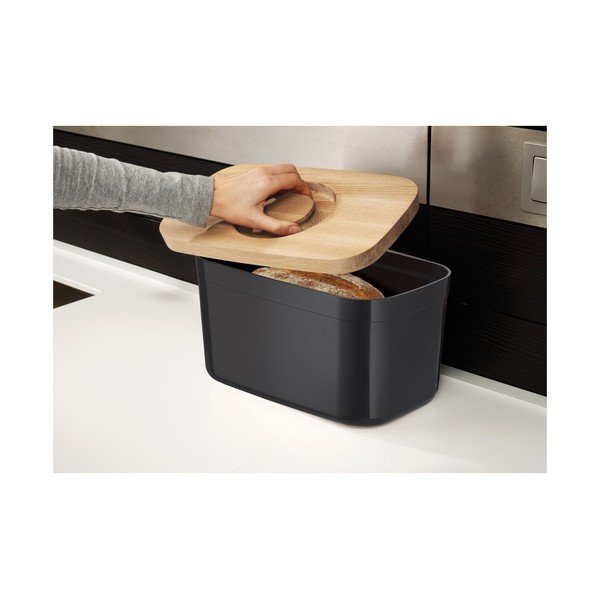 Črna posoda za kruh z lesenim pokrovom Joseph Joseph Bin-image-1