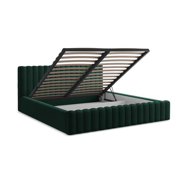 Temno zelena oblazinjena zakonska postelja s prostorom za shranjevanje z letvenim dnom 140x200 cm Lemi – Makamii-image-3