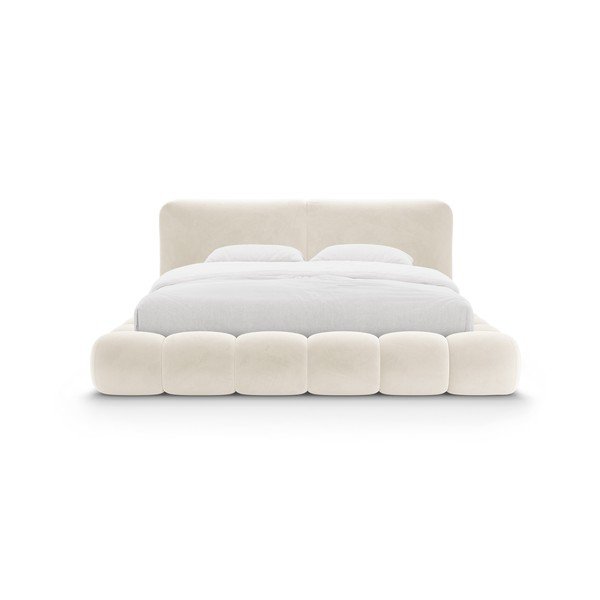 Slonokoščena oblazinjena zakonska postelja s prostorom za shranjevanje in z letvenim dnom 160x200 cm Solange – Micadoni -image-4