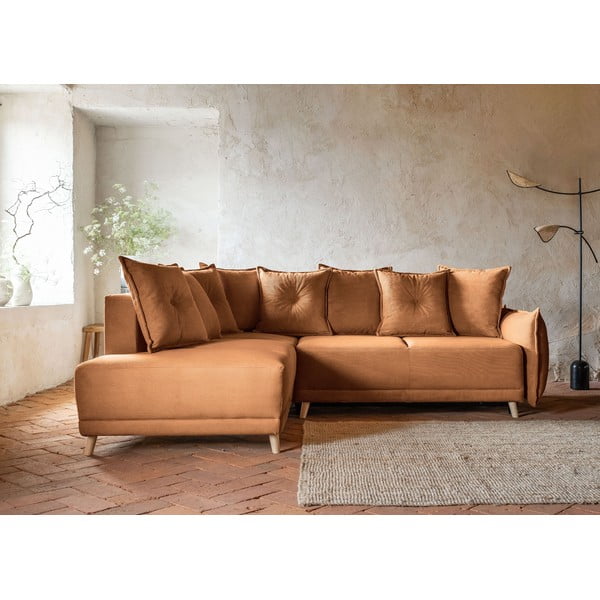 Opečnato oranžna raztegljiva kotna sedežna garnitura iz rebrastega žameta (levi kot) Lazy Lukka – Miuform-image-1