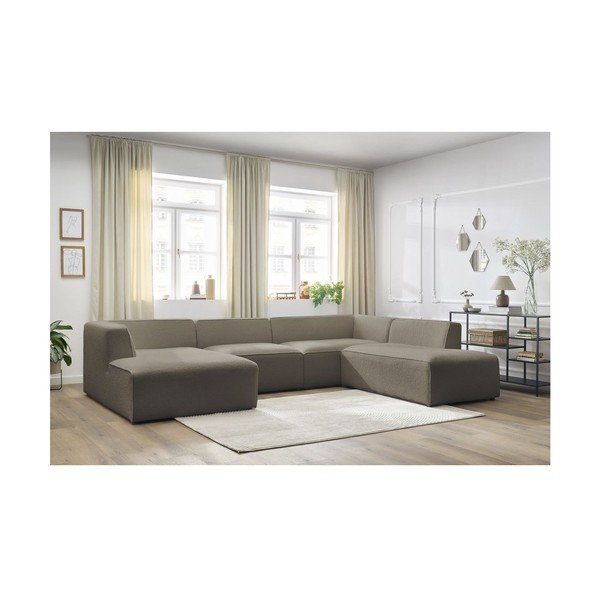 Rjava kotna sedežna garnitura iz tkanine bouclé (desni kot/v obliki črke "U") Megeve – Bobochic Paris-image-3