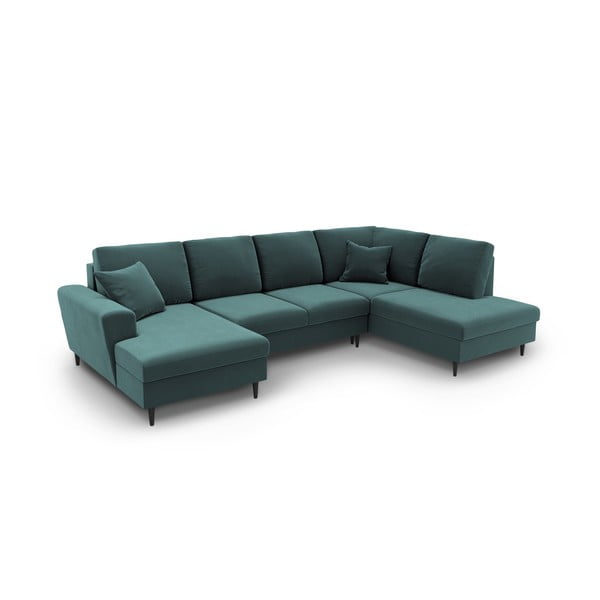 Modrozelena žametna raztegljiva kotna sedežna garnitura s prostorom za shranjevanje (desni kot/v obliki črke "U") Kyoto – Cosmopolitan Design-image-1