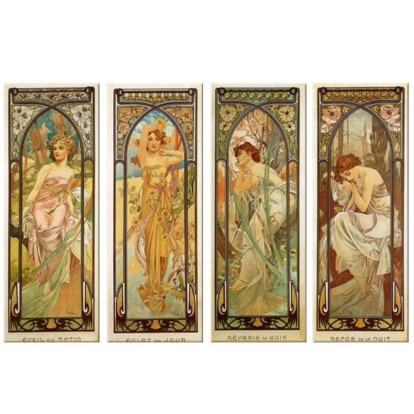 Sklop 4 slik Times of The Day, Alfons Mucha, 30x80 cm