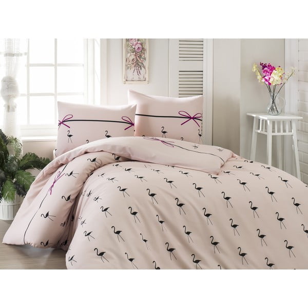 Posteljnina z rjuho za zakonsko posteljo Flamingo Powder, 200 x 220 cm