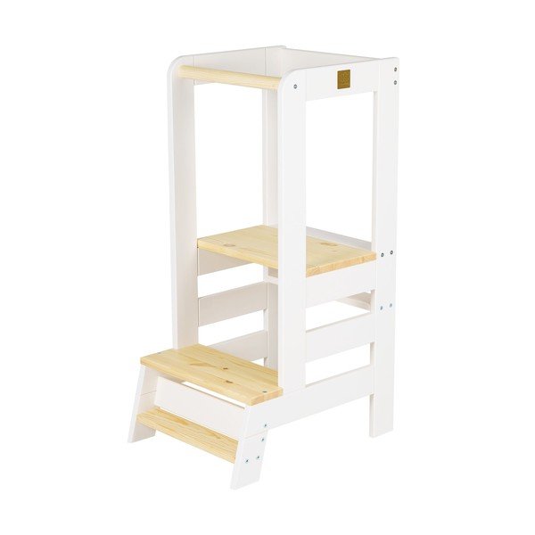 Stolček pomagalček iz masivnega bora v beli in naravni barvi Montessori – Meowbaby