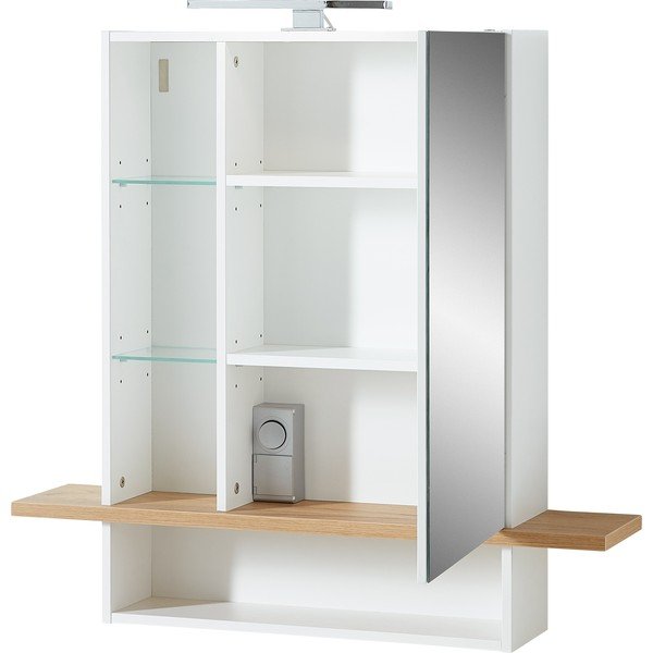 Bela viseča kopalniška omarica z ogledalom v hrastovem dekorju 90x91 cm Novolino - Germania-image-3