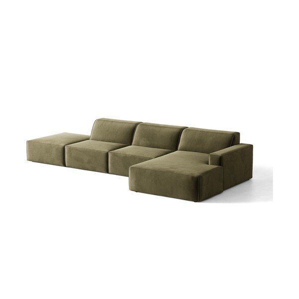 Kaki zelena žametna kotna sedežna garnitura (desni kot/z ležalnikom) Jodie – Micadoni -image-4