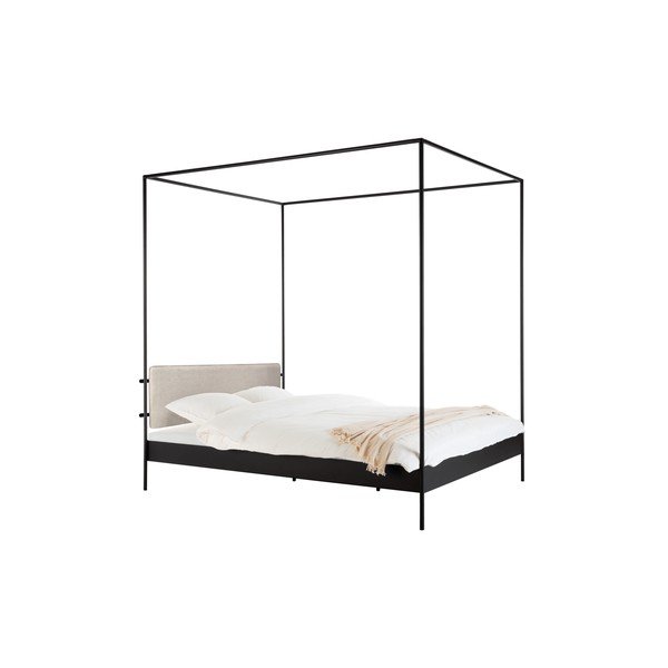 Črna/bež jeklena oblazinjena zakonska postelja z ogrodjem za baldahin z letvenim dnom 200x200 cm Eton – noo.ma