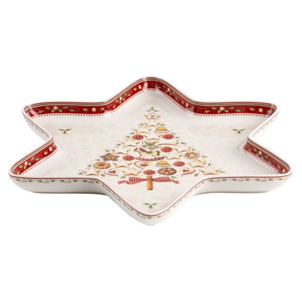 Rdeče-bela porcelanasta božična servirna skleda v obliki zvezde Villeroy&Boch Gingerbread Village, 37,2 x 32,5 cm