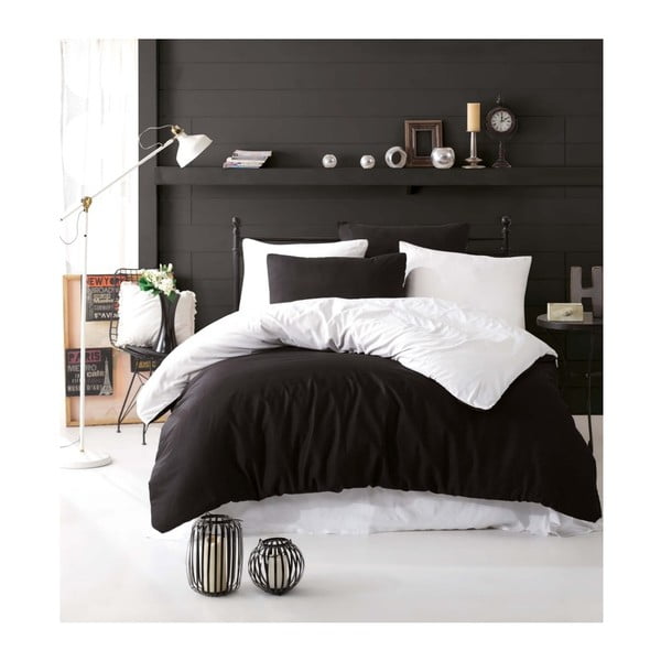 Črno-bela posteljnina z rjuho za zakonsko posteljo Permento Baka, 200 x 220 cm