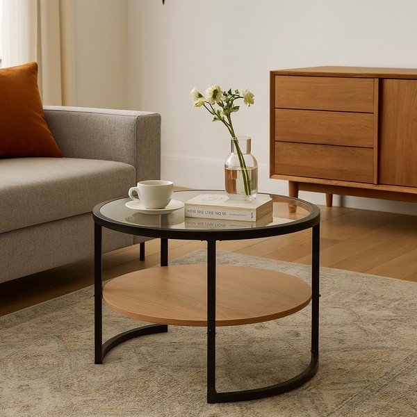 Črna/v naravni barvi okrogla klubska mizica v hrastovem dekorju ø 68 cm Zanu – Bonami Essentials-image-1