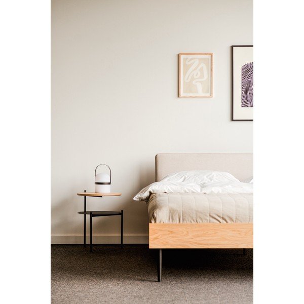 Oblazinjena/iz iverne plošče zakonska postelja v hrastovem dekorju z letvenim dnom 200x200 cm v naravni barvi Streiko – noo.ma-image-2