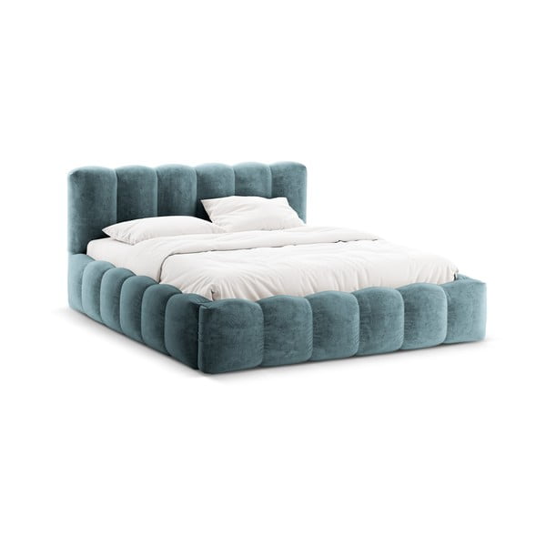 Modra oblazinjena zakonska postelja s prostorom za shranjevanje z letvenim dnom 200x200 cm Lupine – Micadoni Home-image-3