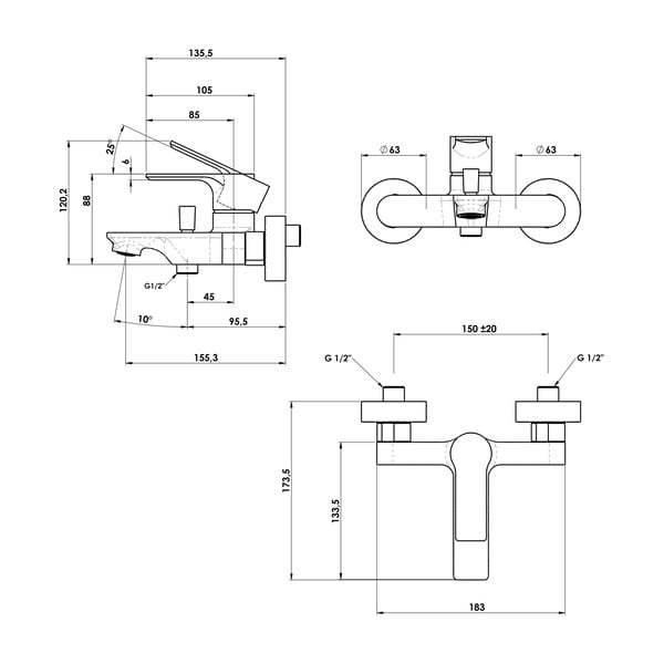 Mat črna stenska armatura za kad (2 izhoda) Pax – Sapho-image-2