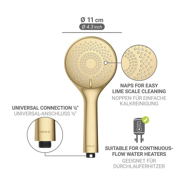 Plastična varčna tuš glava v mat zlati barvi ø 11 cm Watersaving System – Wenko-image-4