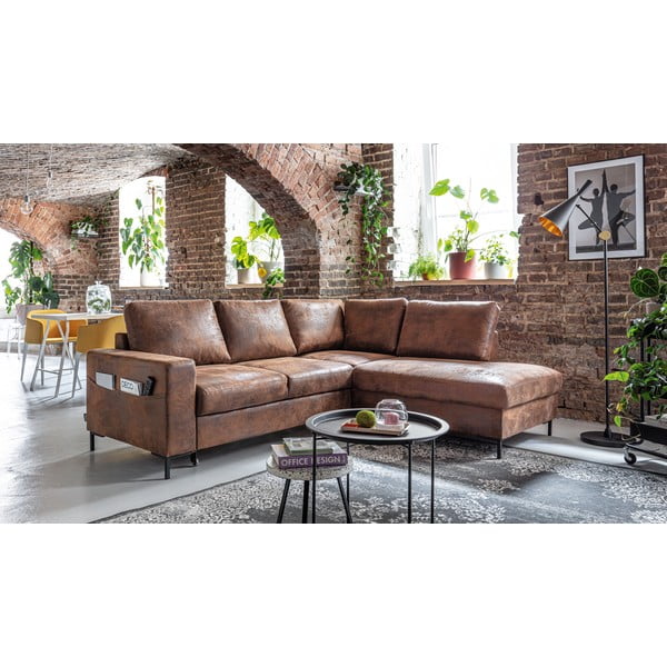 Rjava raztegljiva kotna sedežna garnitura iz umetnega usnja (desni kot) Lofty Lilly – Miuform-image-3