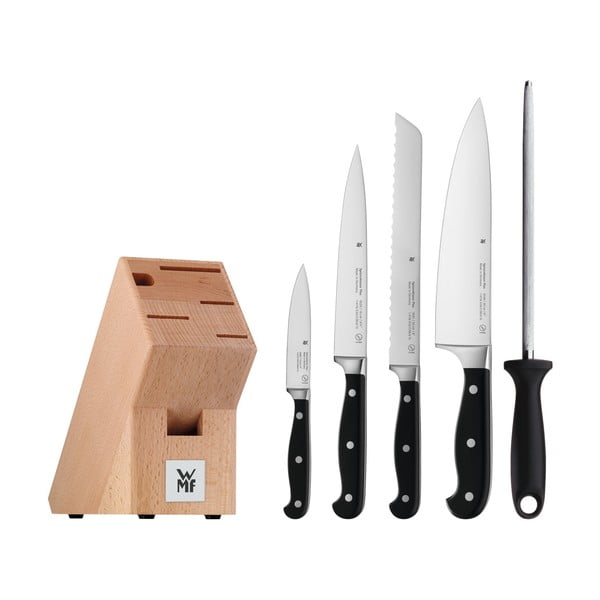 Komplet 4 nožev in brusilnika iz posebej kovanega nerjavečega jekla in kuhinjskega bloka WMF Spitzenklasse Plus
