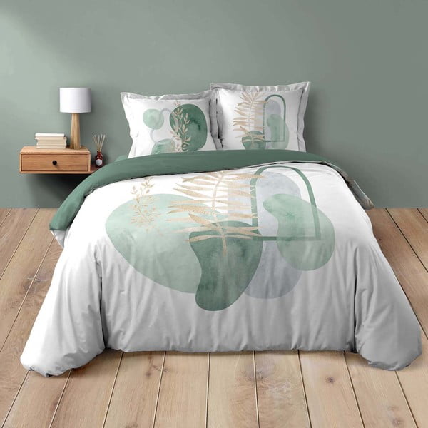 Bela/zelena bombažna posteljnina za zakonsko posteljo 200x200 cm Terrazia – douceur d'intérieur