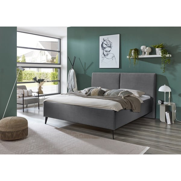Siva oblazinjena zakonska postelja s prostorom za shranjevanje z letvenim dnom 180x200 cm Lando – Meise Möbel-image-1