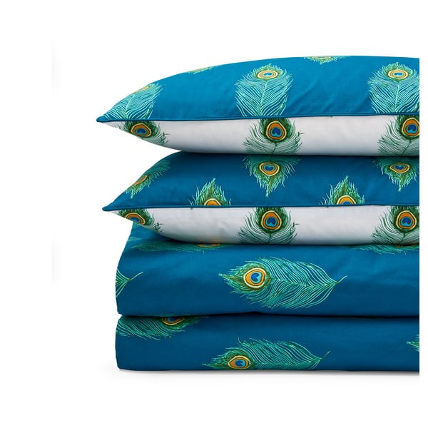 Bela/zelenomodra bombažna podaljšana posteljnina za zakonsko posteljo 230x220 cm Peacock Feather – Their Nibs