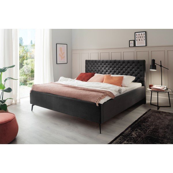 Temno siva oblazinjena zakonska postelja s prostorom za shranjevanje z letvenim dnom 160x200 cm La Maison – Meise Möbel-image-1