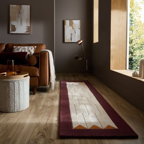 Bordo rdeč/v naravni barvi ročno tkan volnen tekač 60x230 cm Apex Border Wool – Flair Rugs-image-1
