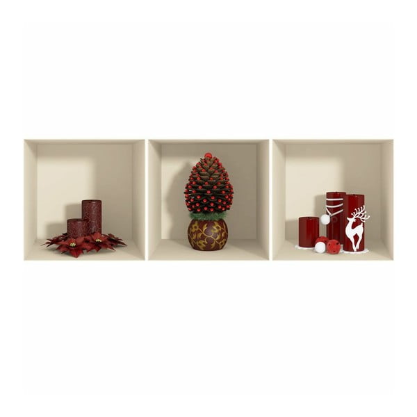 Komplet 3 božičnih nalepk s 3D učinkom Ambiance Red Candles and Christmas Tree