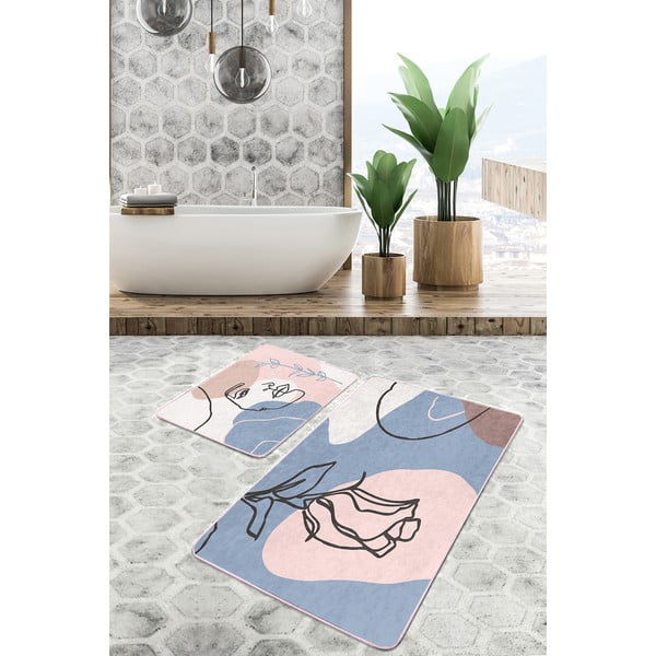 Modre/rožnate žametne kopalniške preproge v kompletu 2 ks 60x100 cm Abstract Faces – Mila Home-image-1