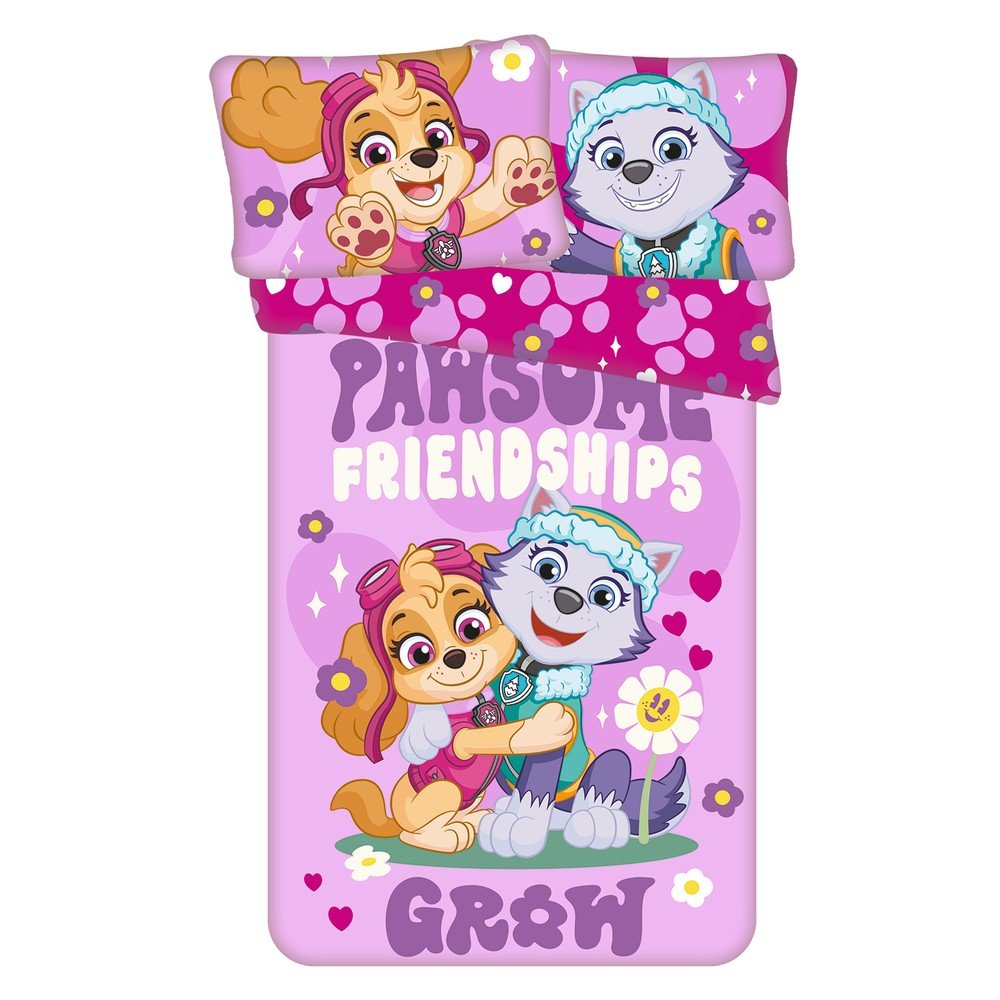 Rožnata bombažna otroška posteljnina za otroško posteljico 100x135 cm Paw Patrol "Pawsome friendships grow"