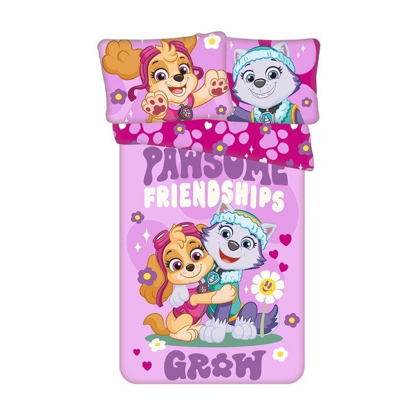 Rožnata bombažna otroška posteljnina za otroško posteljico 100x135 cm Paw Patrol "Pawsome friendships grow" – Jerry Fabrics
