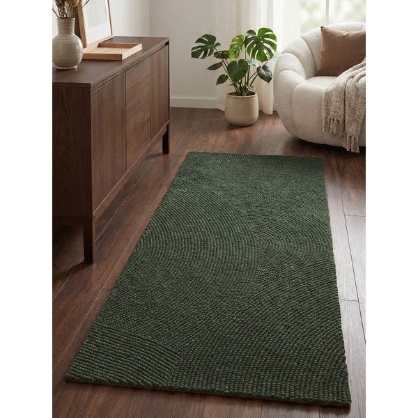 Temno zelen ročno tkan volnen tekač 80x300 cm Calmio – Hanse Home-image-1