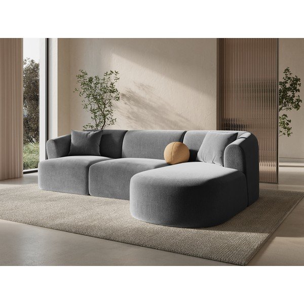 Svetlo siva žametna kotna sedežna garnitura (desni kot/z ležalnikom) Campi – Cosmopolitan Design-image-1