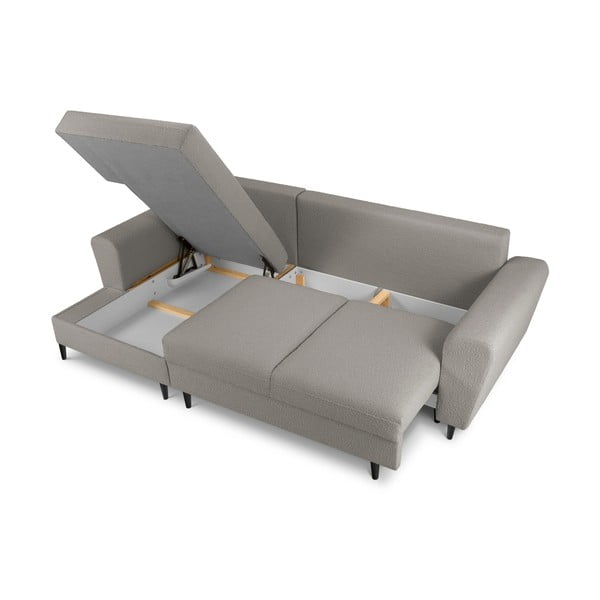 Svetlo siva raztegljiva kotna sedežna garnitura s prostorom za shranjevanje iz tkanine bouclé (levi kot/z ležalnikom) Kyoto – Cosmopolitan Design-image-3