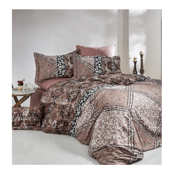 Posteljno perilo iz bombažnega satena z rjuho za zakonsko posteljo Indigo Crema, 200 x 220 cm