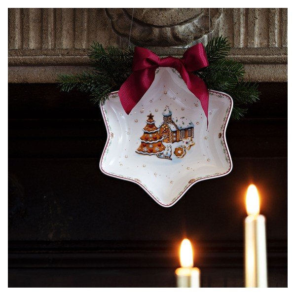 Rdeče-bela servirna porcelanasta skleda v obliki zvezde Villeroy&Boch Gingerbread Village, 24,5 x 24,5 cm-image-1