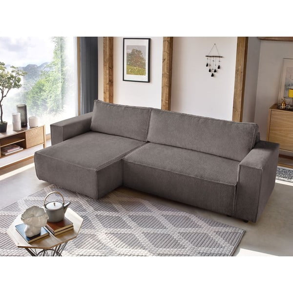 Sivorjava raztegljiva/s prostorom za shranjevanje kotna sedežna garnitura iz rebrastega žameta Nihad – Bobochic Paris-image-1