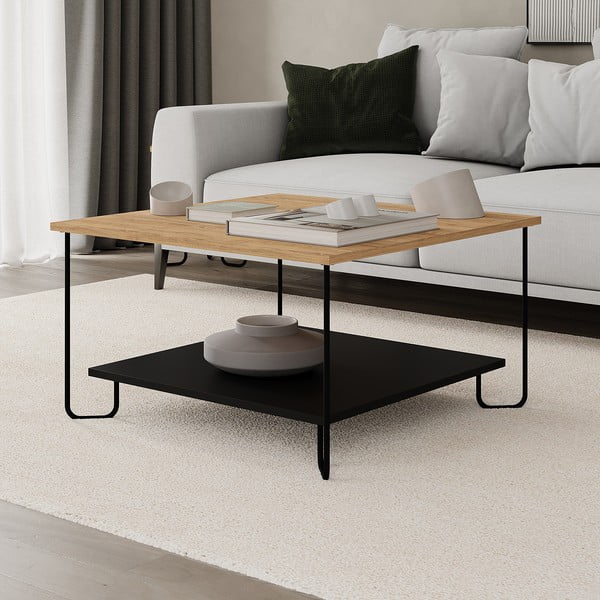 Črna/naravna mizica z mizno ploščo v hrastovem dekorju 80x80 cm Tonka – Marckeric-image-3