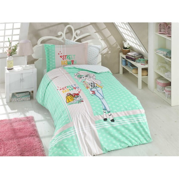 Zeleno posteljno perilo z rjuho za enojno posteljo Street Fashion, 160 x 220 cm