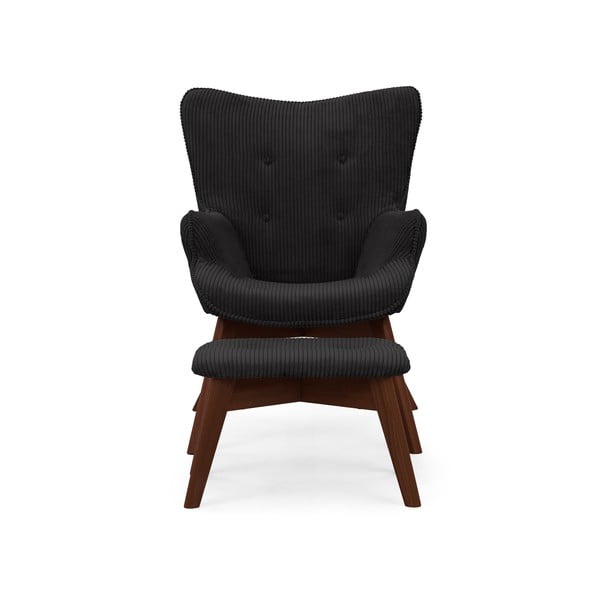 Črn fotelj z naslonjalom za noge iz rebrastega žameta Niko – Ropez-image-3