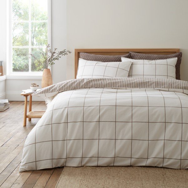Kremno bela/sivorjava enojna flanelna posteljnina 135x200 cm Brushed Regal Check – Bianca-image-1