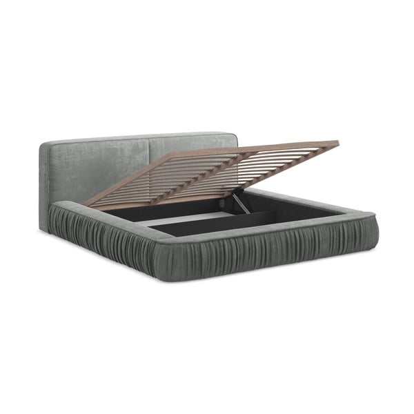 Siva oblazinjena zakonska postelja z odlagalnim prostorom z rešetko 160x200 cm Keoni - Makamii-image-4