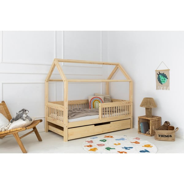 Otroška postelja iz masivnega bora v obliki hiške z dodatnim ležiščem in prostorom za shranjevanje 80x190 cm Mila MBW – Adeko