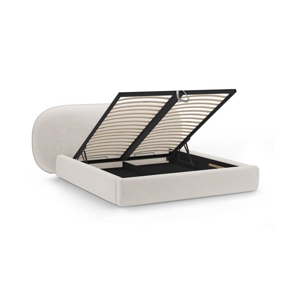 Kremno bela oblazinjena zakonska postelja s prostorom za shranjevanje in z letvenim dnom 200x200 cm Ovalo – Micadoni -image-2