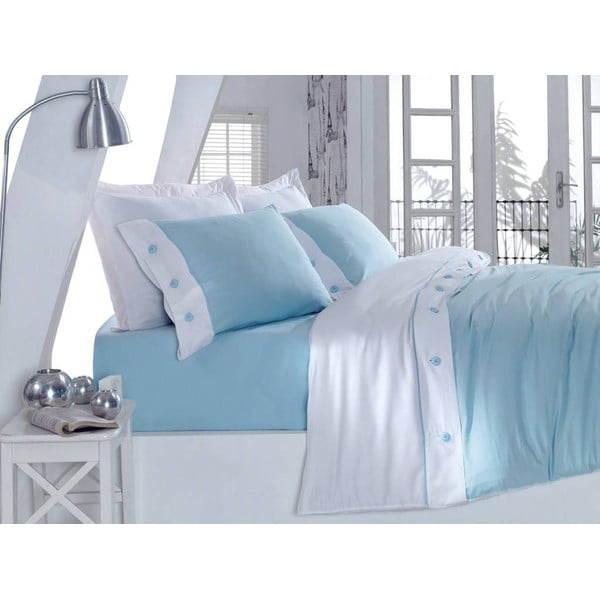Bombažno satenasto posteljno perilo z rjuho za zakonsko posteljo Satin Blue, 200 x 220 cm