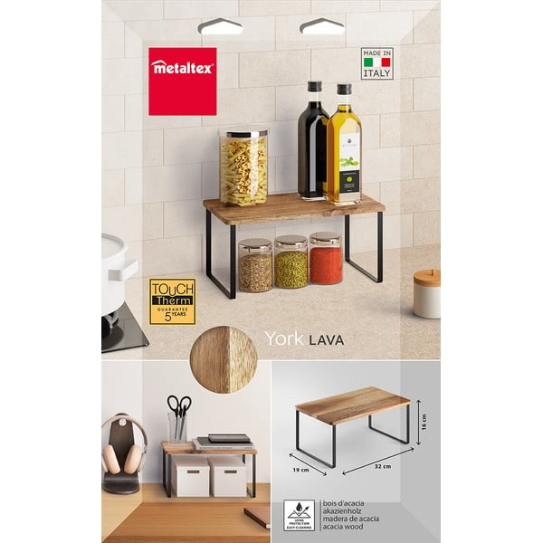 Mat črna/naravna lesena dodatna kuhinjska polica 32x19 cm York – Metaltex-image-3