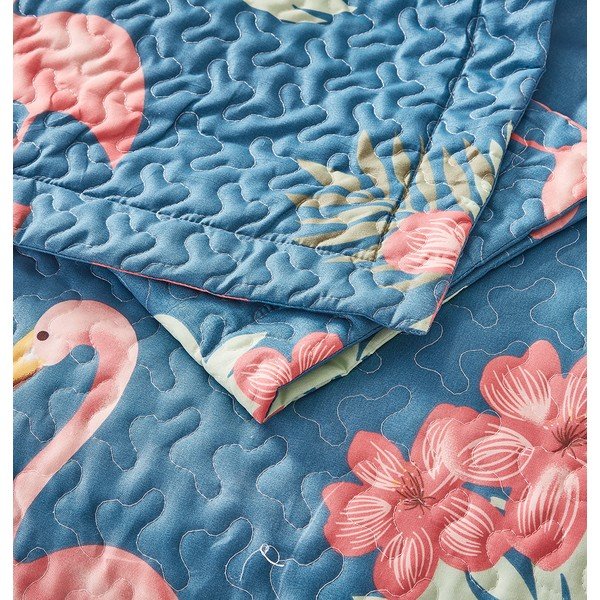 Modro posteljno pregrinjalo iz mikropercala z dvema prevlekama za vzglavnik Sleeptime Flamingo, 250 x 260 cm-image-2